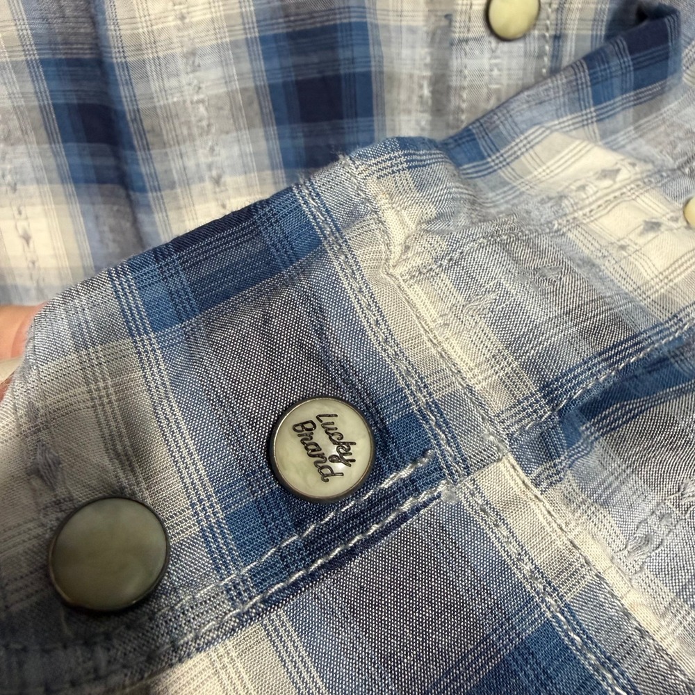 Lucky Brand Mens Pearl Snap Blue White Plaid Western Button Shirt Classic Fit L - Picture 5 of 10